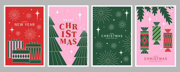 Merry Christmas and Happy New Year Set of greeting cards. Design templates with wishes in minimalist style for posters, holiday covers, backgrounds, sales.