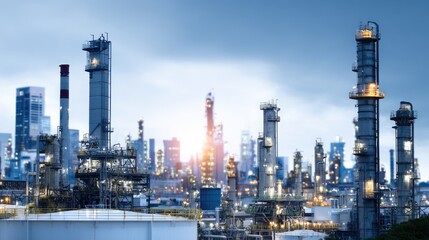 Obraz premium Industrial Refinery at Sunset with Towering Structures and Urban Background