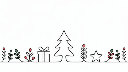 Minimal continuous-line Christmas vector banner with tree & gift — copy space