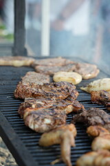 delicious meat and grilled sausages on the barbecue