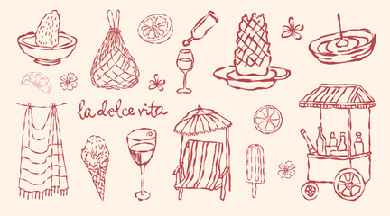 A seamless vector pattern featuring a set of hand-drawn summer icons, including sea food doodles, perfect for a vintage holiday wallpaper design.La dolce vita.