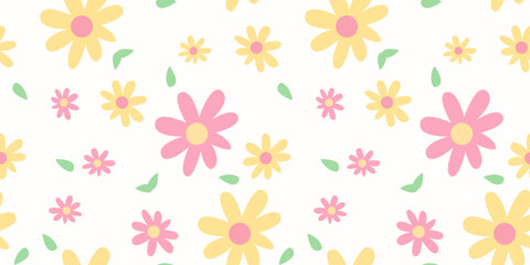 Hand drawn colorful floral vector seamless pattern in pastel pink and yellow color, childish style. Fun spring doodle flower illustration. For textile, fabric, wallpaper design.
