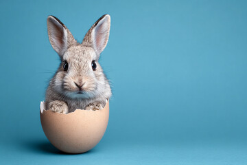 Obraz premium Cute baby bunny sitting inside a cracked eggshell on a blue background
