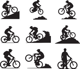 Obraz premium Dynamic mountain biker silhouettes capturing extreme sports action and adventure through various poses and jumps
