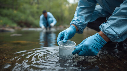 Biologists collecting water samples for analysis.