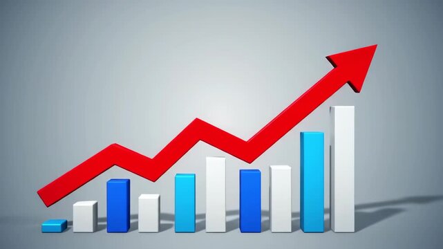 Bar chart with red arrow showing downward trend, on gray background for business use