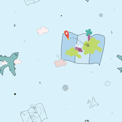 Seamless hand-drawn travel map and airplane pattern on light blue background