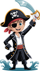 Cartoon pirate character, red-haired boy, eye patch, sword raised, black hat, skull emblem, nautical theme, kids adventure, playful illustration