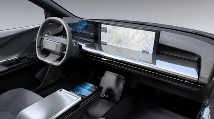 Futuristic Electric Car Interior Featuring Advanced Digital Dashboard and Sleek Touchscreen Interface Design