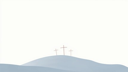 Three crosses on a hill with wide empty sky, Christian minimalist background for worship, hymns, Bible verses, and spiritual text, symbol of Calvary, faith, and salvation․