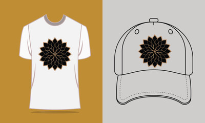 T shirt baseball cap with gold lotus mandala design vector