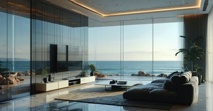 Frameless glossy flat tv off seaside apartment with panoramic glass wall