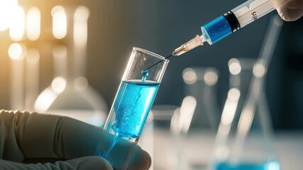 Syringe injecting blue liquid into test tube held by gloved hand in laboratory setting close up view - Powered by Adobe