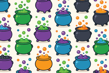 Whimsical halloween seamless pattern featuring colorful cartoon cauldrons bubbling with magic potions and glowing orbs