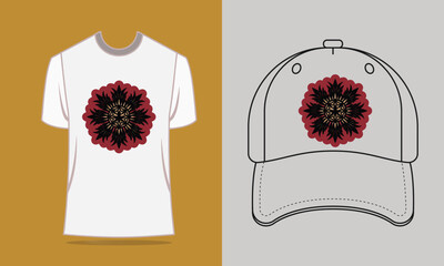 T shirt baseball cap with stylized red raven mandala apparel