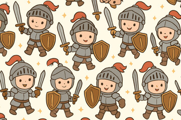 Seamless pattern of cute cartoon knights in armor holding swords and shields on a patterned background
