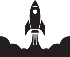 Fototapeta premium Black silhouette of a rocket launching with smoke and fire space spaceship