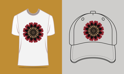 T Shirt Cap with Red Gold Mandala Design t-shirt