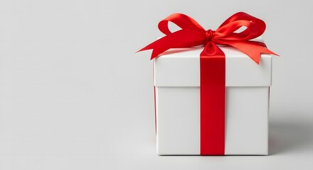 White gift box with red ribbon bow isolated on light gray background for celebration and surprise