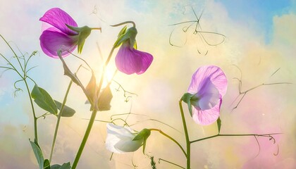Delicate pink and white pea flowers in sunlit garden
