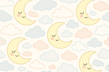 Seamless pattern of cute smiling crescent moons and soft pastel clouds for children s decor