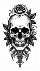 Obraz premium Monochrome Skull with Rose and Leaf Detailed Tattoo Style Illustration