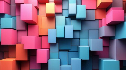 Colorful abstract wall design featuring vibrant cubes in various sizes and shades at an indoor location - Powered by Adobe