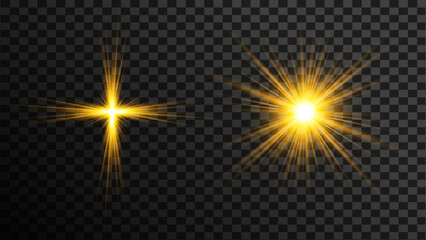 Fototapeta premium Golden light bursts and glowing star effects creating captivating visuals ideal for festive backgrounds and abstract design elements on transparent backdrop bringing sparkle