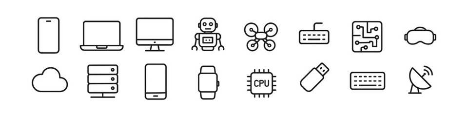 Modern technology icons set in simple line style for digital devices and gadgets