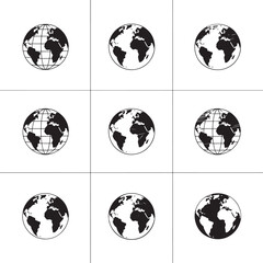 Nine black and white globe icons showing Earth continents and grid lines world planet