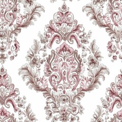 A floral patterned wallpaper with pink and brown colors. The design is ornate and intricate, with a lot of detail. The wallpaper is likely used to decorate a room or space, and it gives off a warm