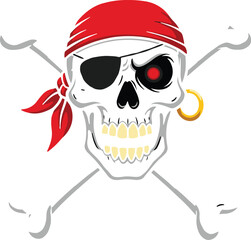 Pirate skull illustration, red bandana, glowing eye, eye patch, gold earring, crossed bones, Halloween art, spooky cartoon, adventure theme