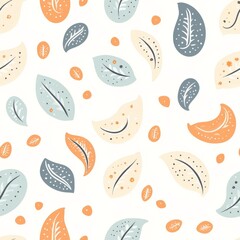 A colorful pattern of leaves and flowers is spread across a white background. The leaves are of various sizes and colors, and they are scattered throughout the image. Scene is cheerful and vibrant