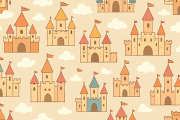 Fototapeta premium Seamless pattern of charming cartoon castles with flags and clouds on a soft background