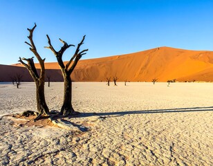 Dead trees on a cracked, white salt pan, red dunes behind