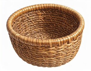 Woven Brown Basket Isolated on White Background Front View Detailed Texture