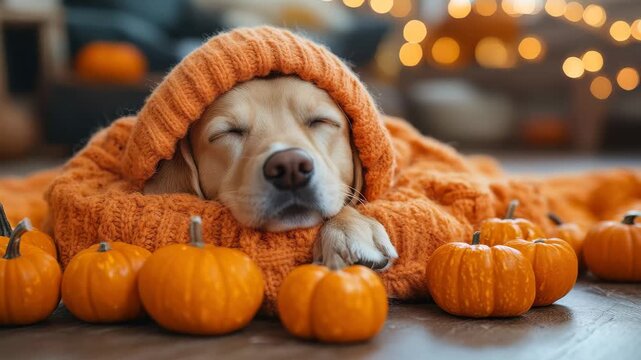 Cozy dog wrapped in orange sweater among small pumpkins during autumn season