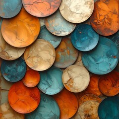 Layered circular plates in warm and cool tones.  A multitude of  varying sized,  circular,  hand-painted plates create a visually interesting  pattern