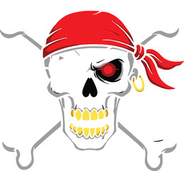 Pirate skull with red bandana, gold teeth, eye patch, hoop earring, crossed bones, rebellious symbol, adventure, danger, sea icon