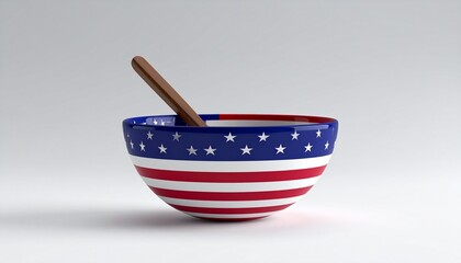 Ceramic bowl featuring United States flag design with blue field of stars and red-white stripes, placed on reflective white surface against gray background