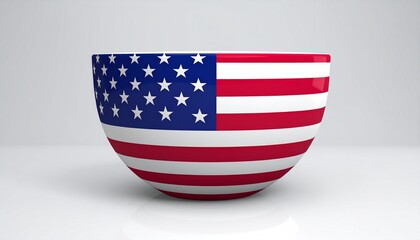 Ceramic bowl featuring United States flag design with blue field of stars and red-white stripes, placed on reflective white surface against gray background