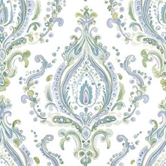 A blue and green floral patterned wallpaper with a large flower in the center. The design is intricate and detailed, with a sense of elegance and sophistication. The colors are bright and lively