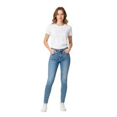 Obraz premium Confident young woman showcasing casual style with a classic white tee and fitted denim jeans, ready for any modern lifestyle scenario.