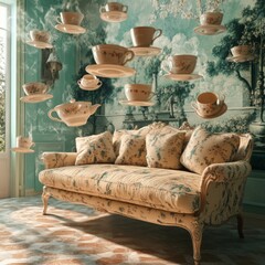 A couch with a wall of teacups hanging from it. The teacups are floating in the air, creating a whimsical and playful atmosphere
