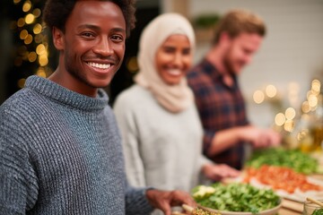 Diverse group of friends cooking fusion meal together in bright kitchen with joyful energy