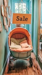 A baby stroller with a sign that says Sale. The stroller is hanging from the ceiling and is surrounded by mirrors
