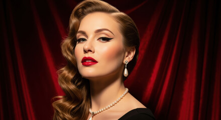 Elegant woman with vintage makeup and red lipstick posing dramatically on a rich red velvet curtain.