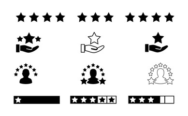 Vector illustration of rating symbols including stars hands and people with stars around