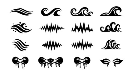 Vector collection of sixteen black and white wave and sound wave inspired designs