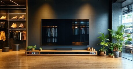 Modern living room features dark walls, wooden floors, plants, sleek tv console. Clothes visible within open closet system. Minimalist design.